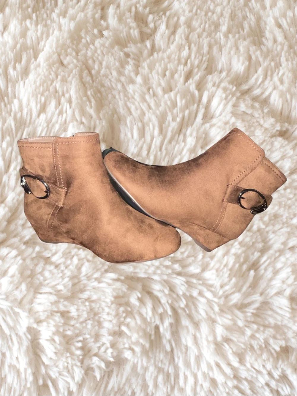 East 5th Tan Suede Wedge Ankle Booties with Buckle Detail